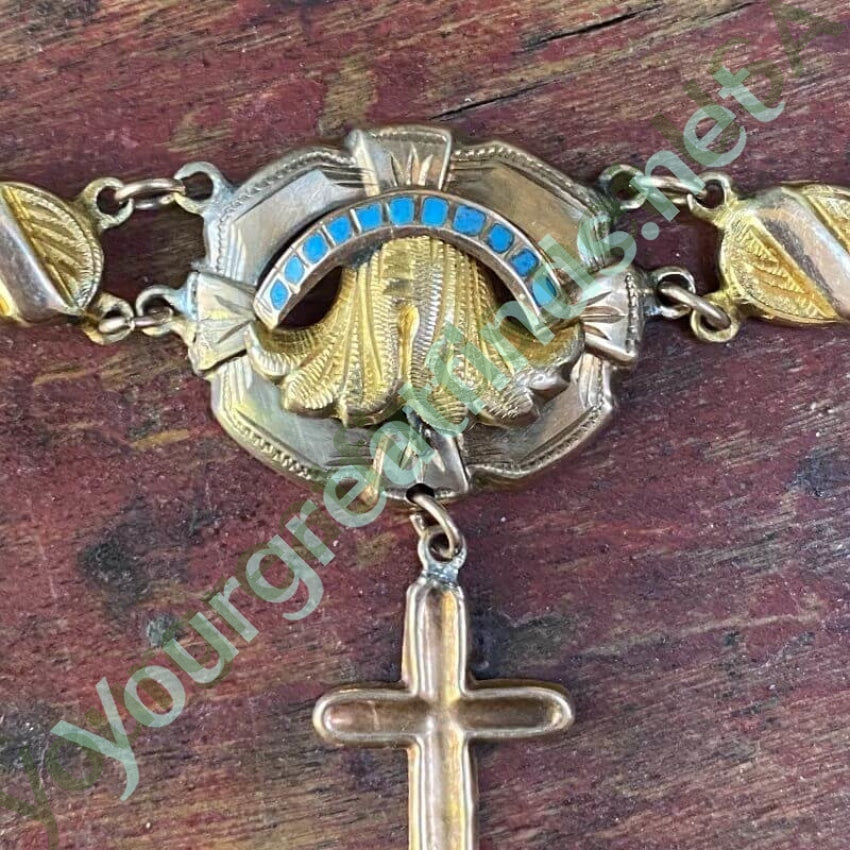 Antique Victorian 10K Yellow Gold Cross Necklace Turquoise Inlay Yourgreatfinds