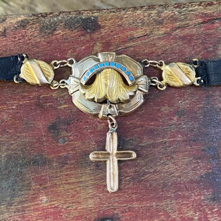 Antique Victorian 10K Yellow Gold Cross Necklace Turquoise Inlay Yourgreatfinds