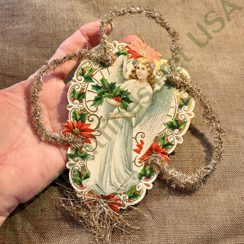 Antique Victorian Christmas Ornament Die-Cut Paper Angel Tinsel Germany christmas ornament