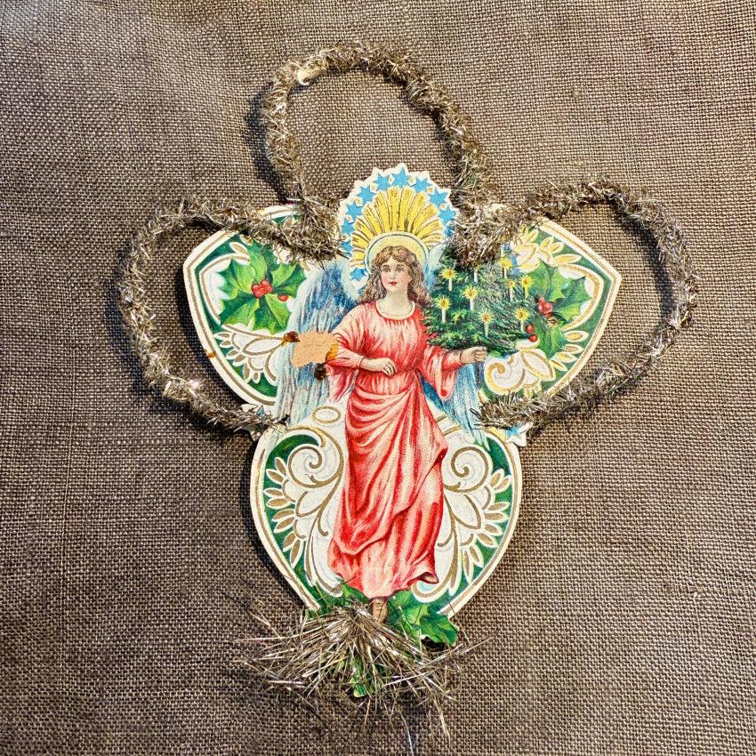 Antique Victorian Christmas Ornament Die-Cut Paper Angel Tinsel Germany christmas ornament