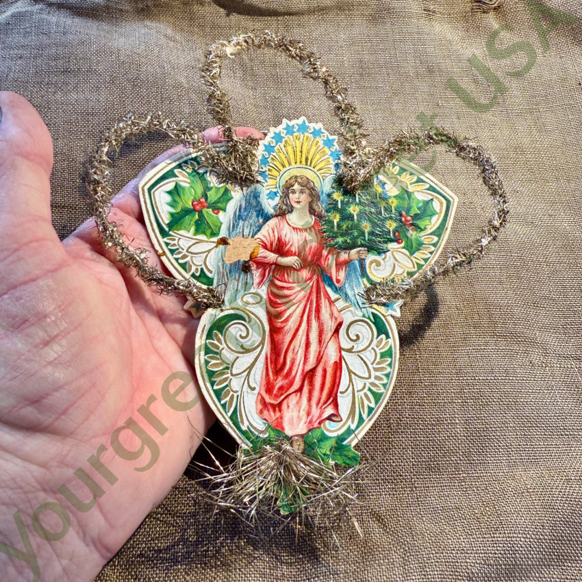 Antique Victorian Christmas Ornament Die-Cut Paper Angel Tinsel Germany christmas ornament