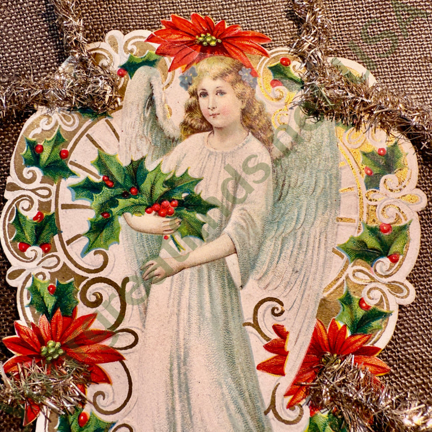 Antique Victorian Christmas Ornament Die-Cut Paper Angel Tinsel Germany christmas ornament
