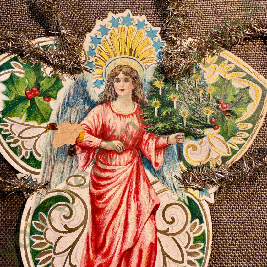 Antique Victorian Christmas Ornament Die-Cut Paper Angel Tinsel