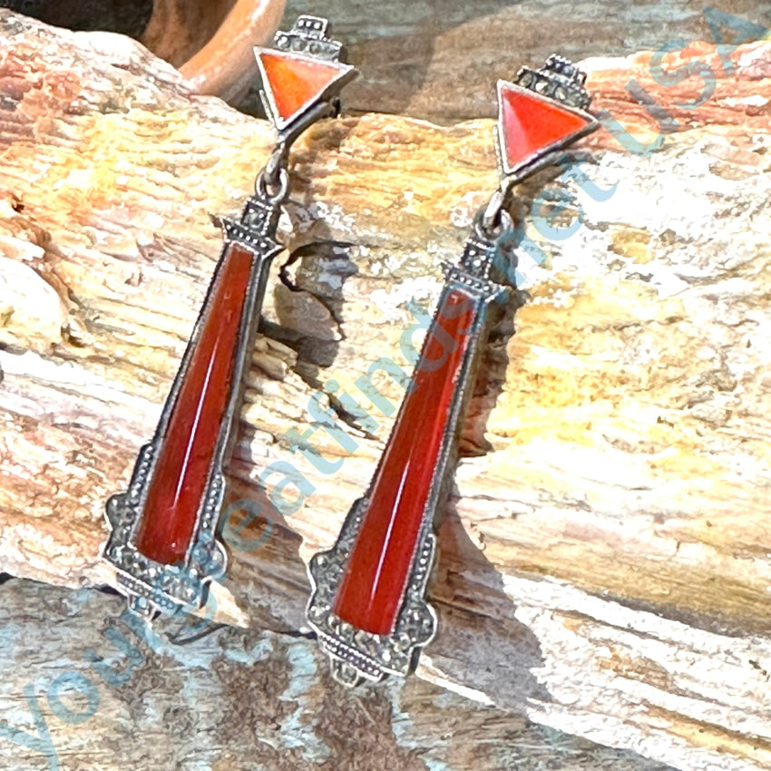 Art Deco Sterling Silver Marcasite Red Pierced Earrings