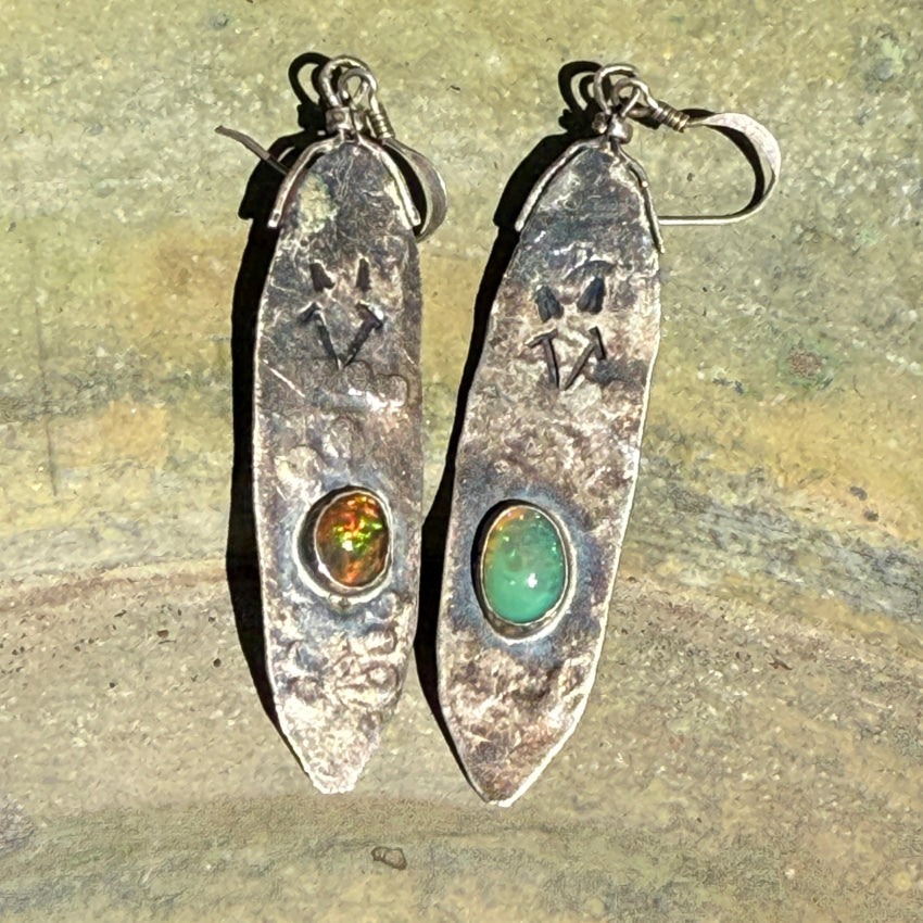 Artisan Pierced Earrings Sterling Silver & Ethiopian Opals 2 Sides pierced earrings
