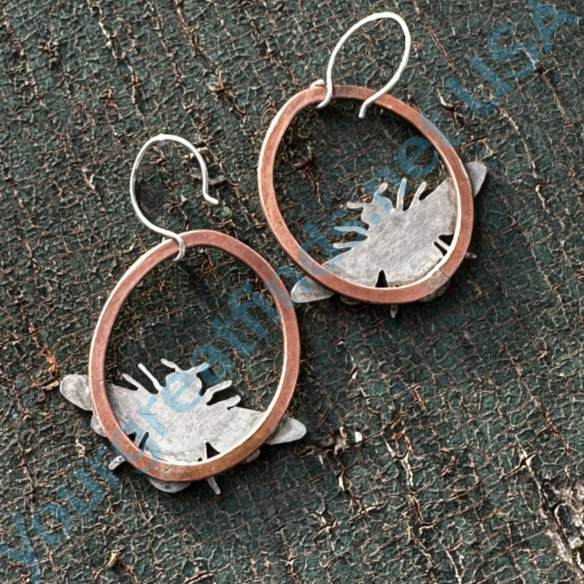 Artisan Vintage Hammered Copper & Sterling Silver Bee Hoop Pierced Earrings Earrings