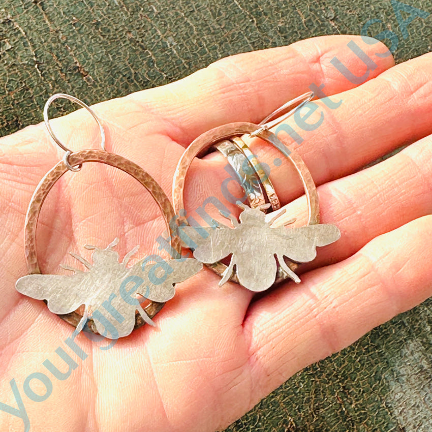 Artisan Vintage Hammered Copper & Sterling Silver Bee Hoop Pierced Earrings Earrings