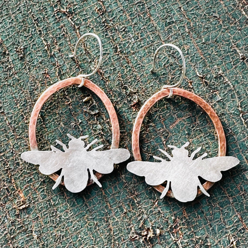 Artisan Vintage Hammered Copper & Sterling Silver Bee Hoop Pierced Earrings Earrings