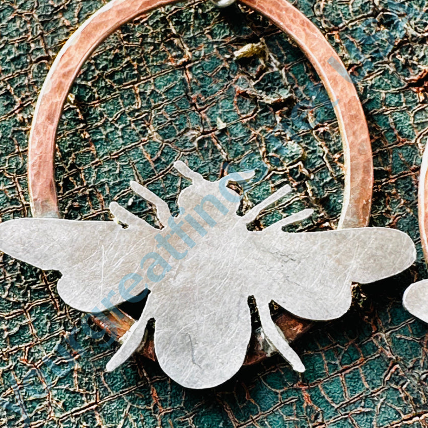 Artisan Vintage Hammered Copper & Sterling Silver Bee Hoop Pierced Earrings Earrings