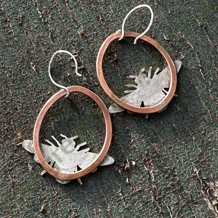 Artisan Vintage Hammered Copper & Sterling Silver Bee Hoop Pierced Earrings Earrings