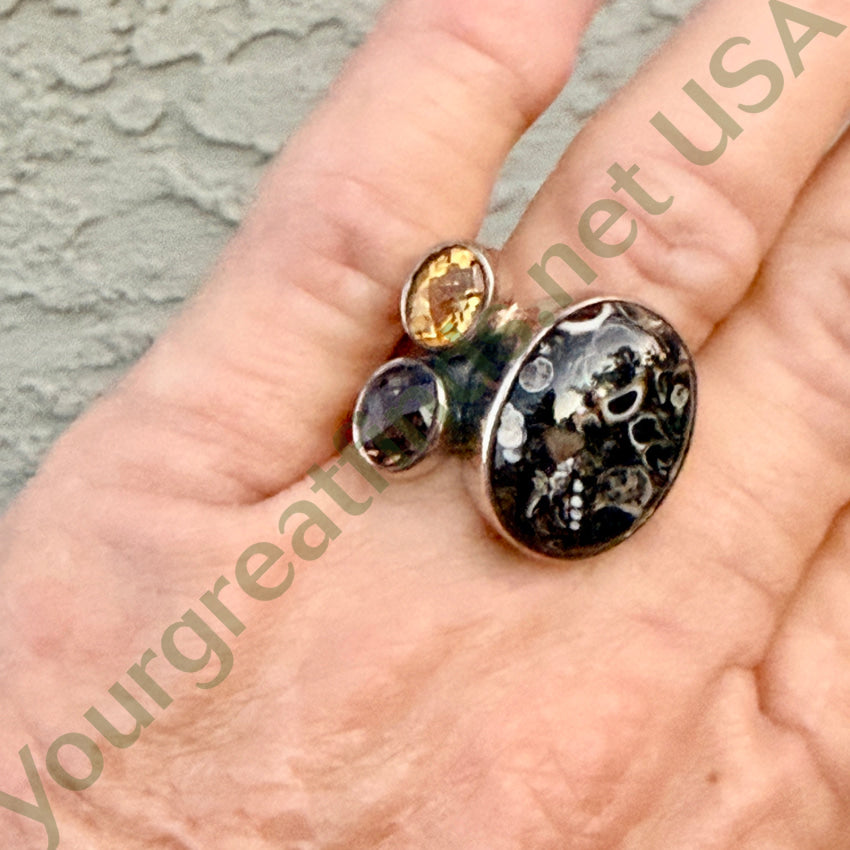 Aryo Sterling Silver Leopard Jasper & Citrine Ring Size 10 ring