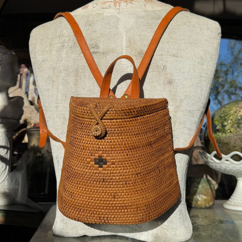 Bali Hand Woven Rattan & Leather Backpack Backpack