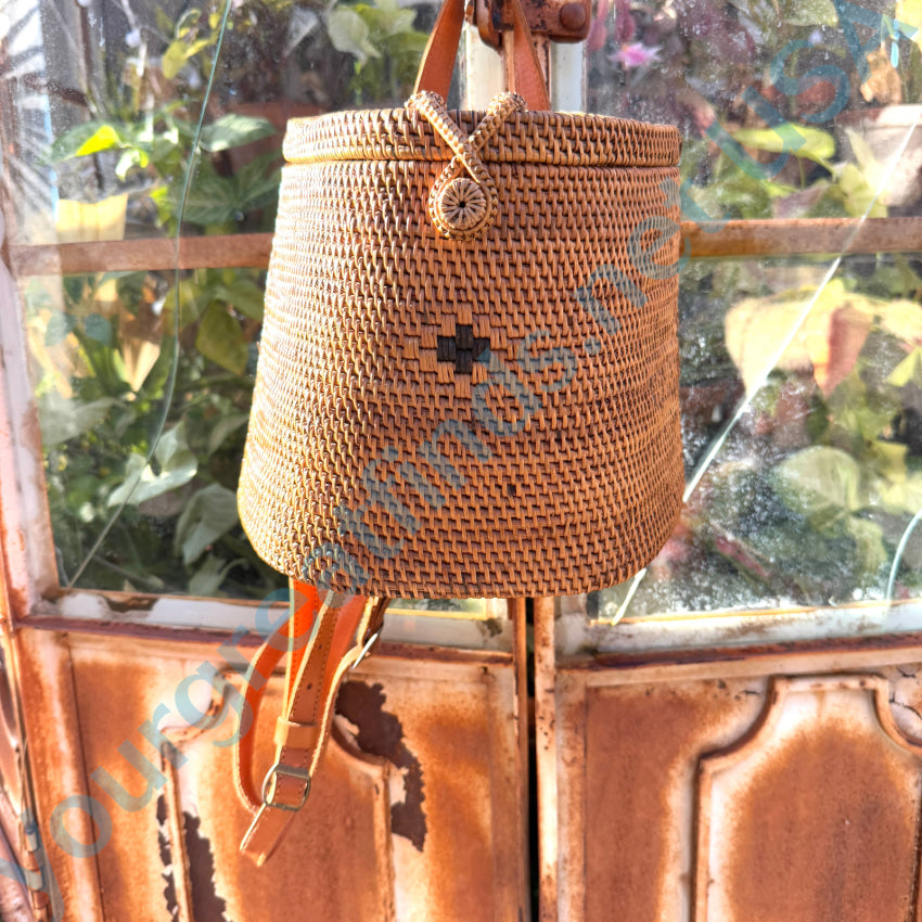 Bali Hand Woven Rattan & Leather Backpack Backpack