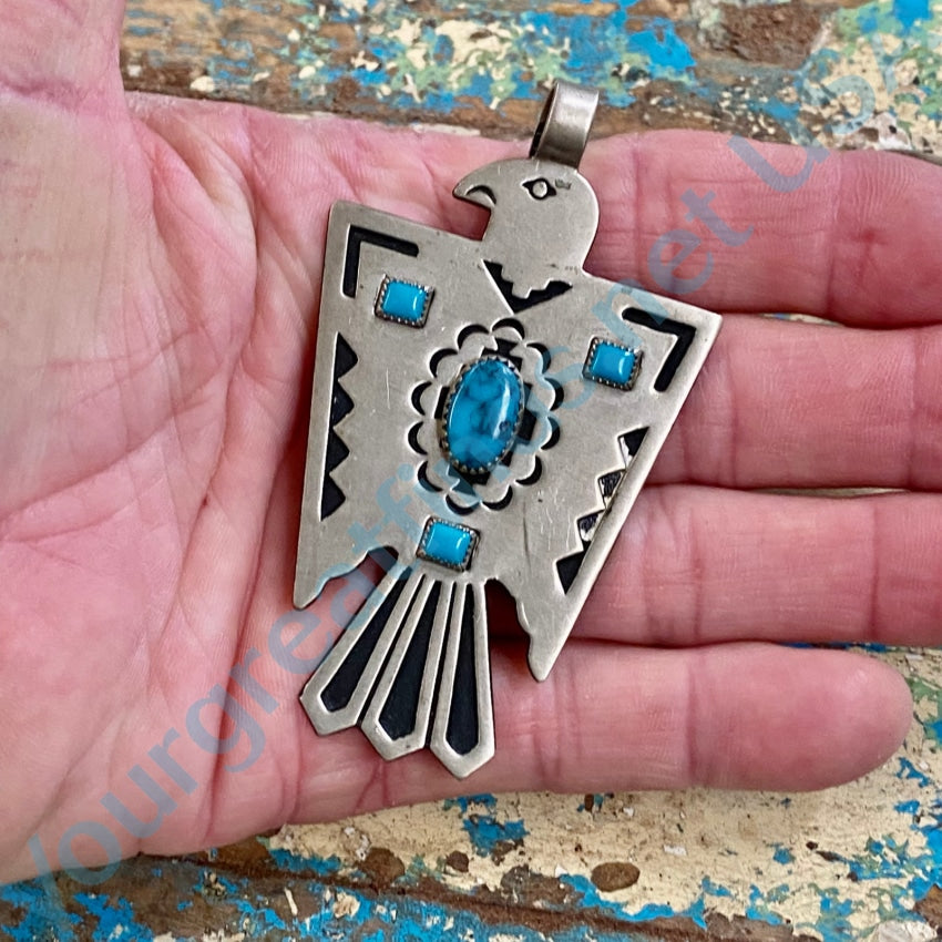 Bell Trading Post Nickel Silver Thunderbird Pendant Faux Turquoise