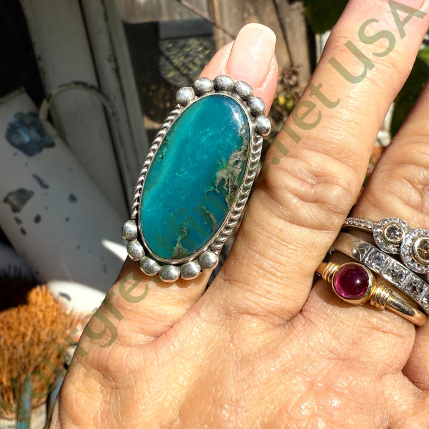 Big & Early Navajo Ring Sterling Silver & Teal Chrysocolla 4 1/4 ring
