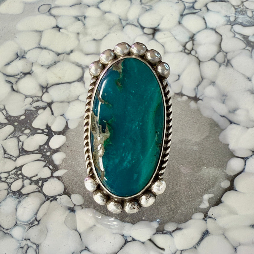 Big & Early Navajo Ring Sterling Silver & Teal Chrysocolla 4 1/4 ring