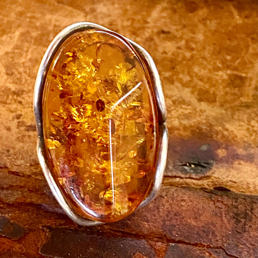Big Ol Polish Sterling Silver Ring Baltic Amber Size 8 Vintage