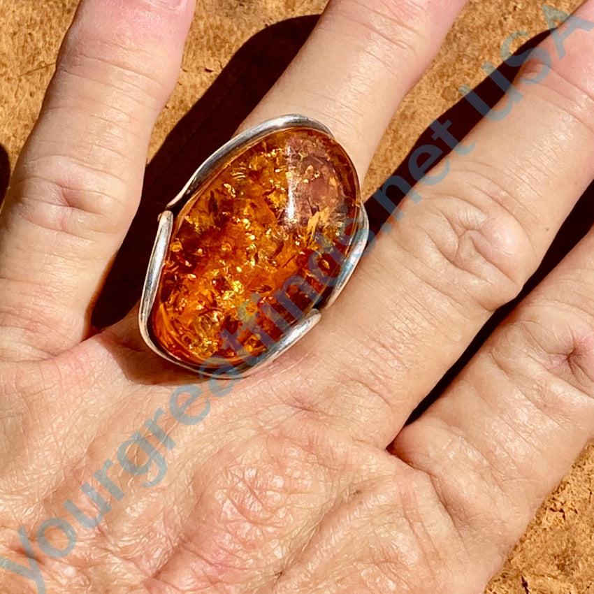 VTG STERLING good SILVER BALTIC AMBER RING #A198