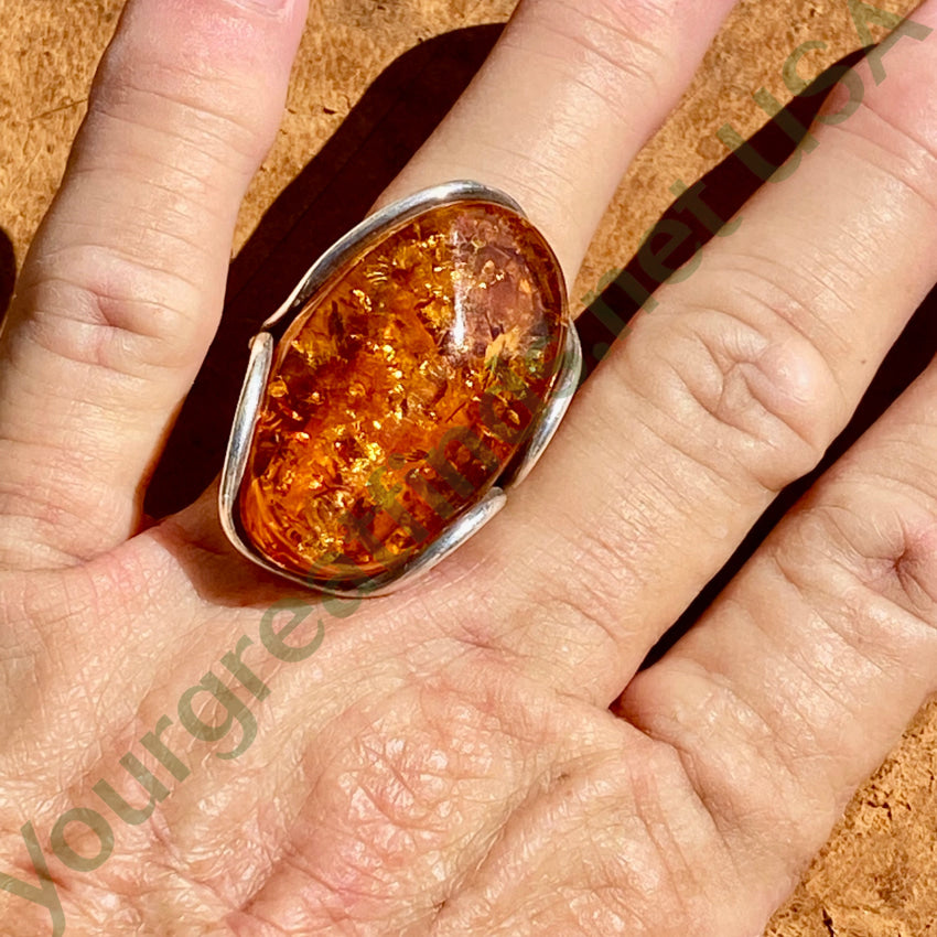 Big Ol Polish Sterling Silver Ring Baltic Amber Size 8 Vintage
