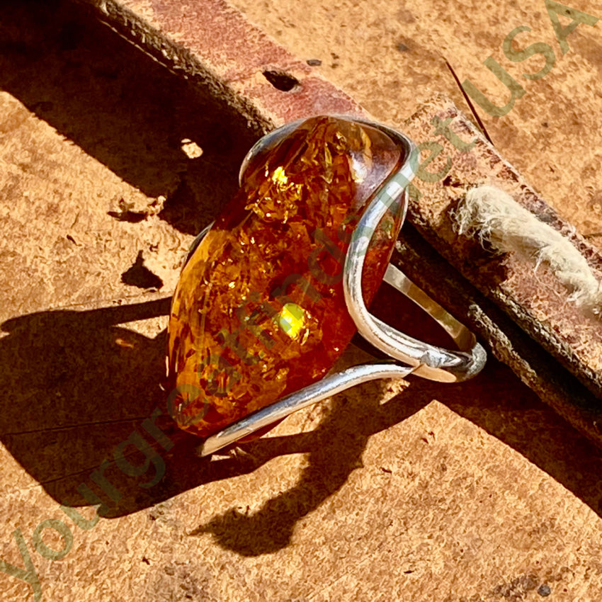 Big Ol Polish Sterling Silver Ring Baltic Amber Size 8 Vintage