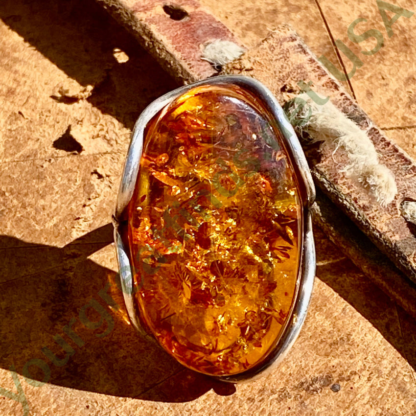Big Ol Polish Sterling Silver Ring Baltic Amber Size 8 Vintage