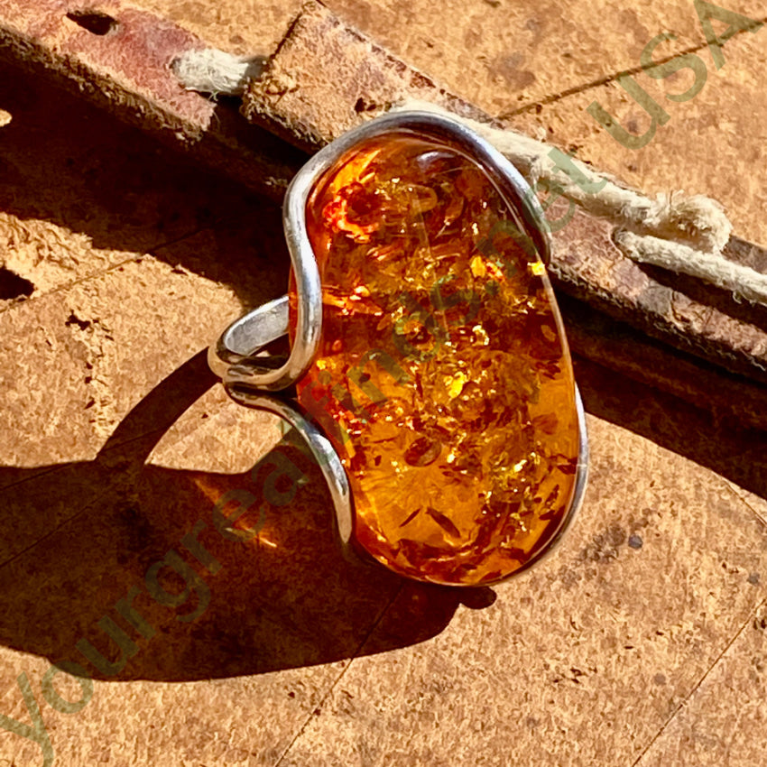 Big Ol Polish Sterling Silver Ring Baltic Amber Size 8 Vintage