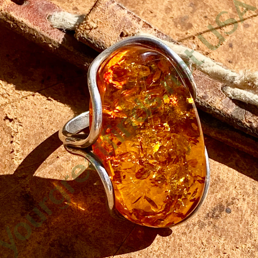 Big Ol Polish Sterling Silver Ring Baltic Amber Size 8 Vintage