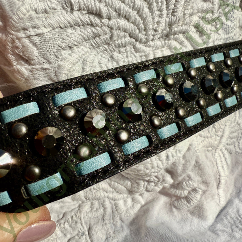 Black & Blue Leather Western Belt w/ Black Crystals belt