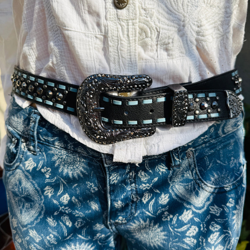 Black & Blue Leather Western Belt w/ Black Crystals belt