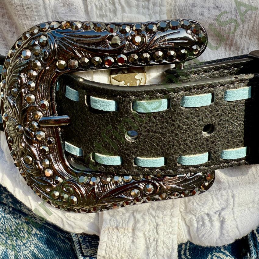 Black & Blue Leather Western Belt w/ Black Crystals belt