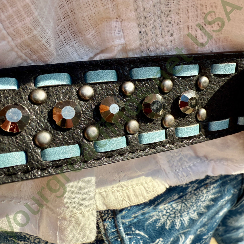 Black & Blue Leather Western Belt w/ Black Crystals belt