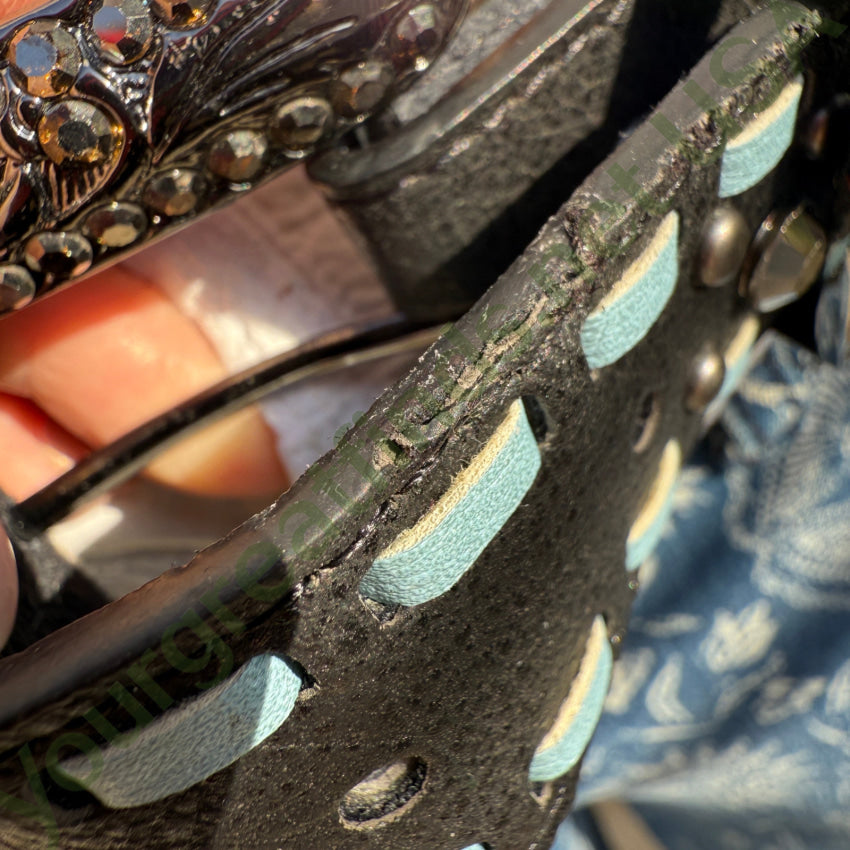 Black & Blue Leather Western Belt w/ Black Crystals belt