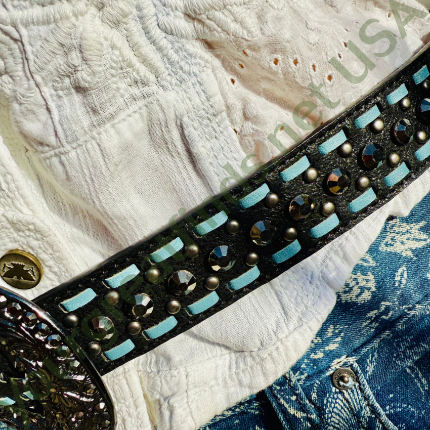 Black & Blue Leather Western Belt w/ Black Crystals belt