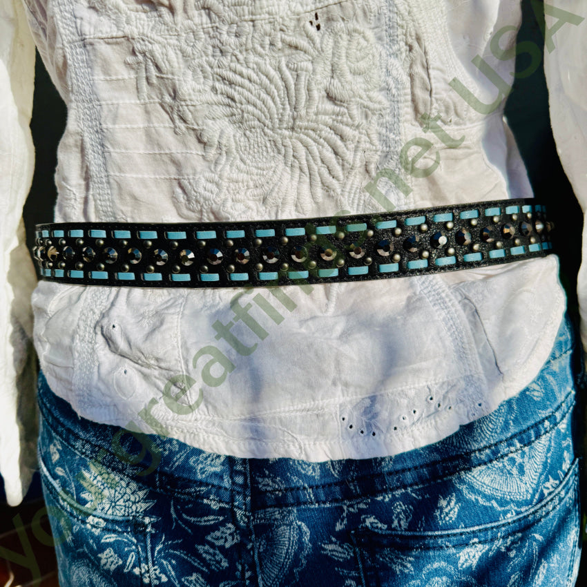 Black & Blue Leather Western Belt w/ Black Crystals belt