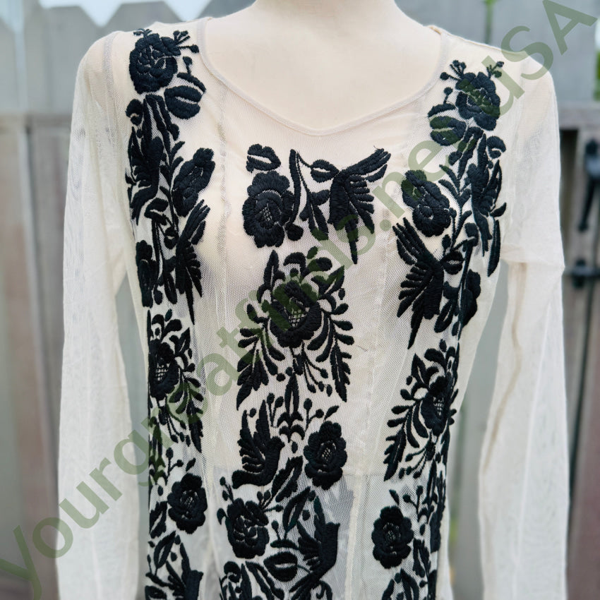 Black Embroidered off-White Tulle Maxi Dress Biya By Johnny Was NWT dress