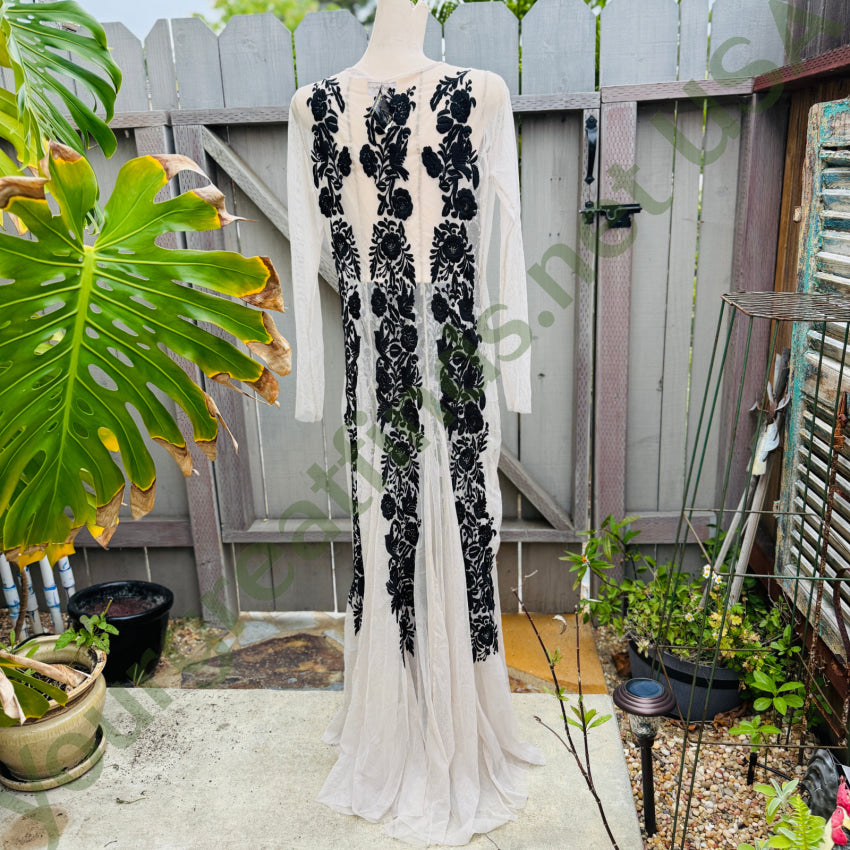Black Embroidered off-White Tulle Maxi Dress Biya By Johnny Was NWT dress