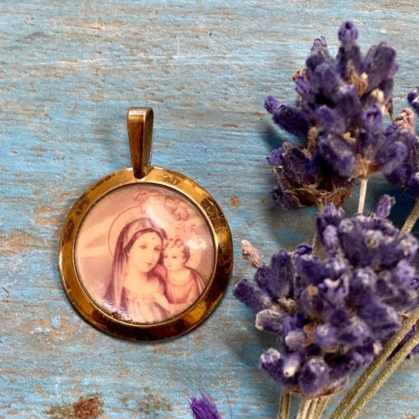 Blessed Mother and Child Devotional Metal Pendant Vintage Yourgreatfinds