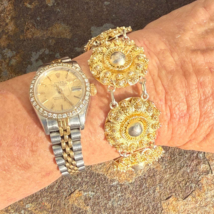 Bracelet Vintage Gold Washed Sterling Silver Cannetille Medallion bracelet