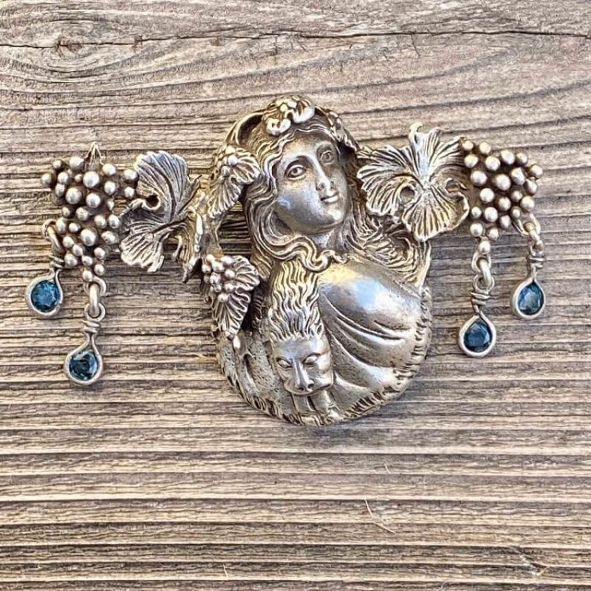 British 800 Silver Dionysus God/Goddess Pendant Brooch with Blue Topaz Yourgreatfinds