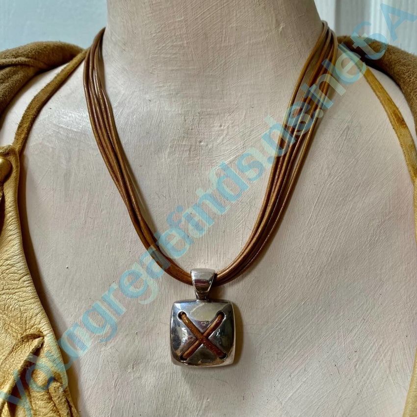 Brown Leather Cord Necklace Laced Sterling Pendant - Yourgreatfinds