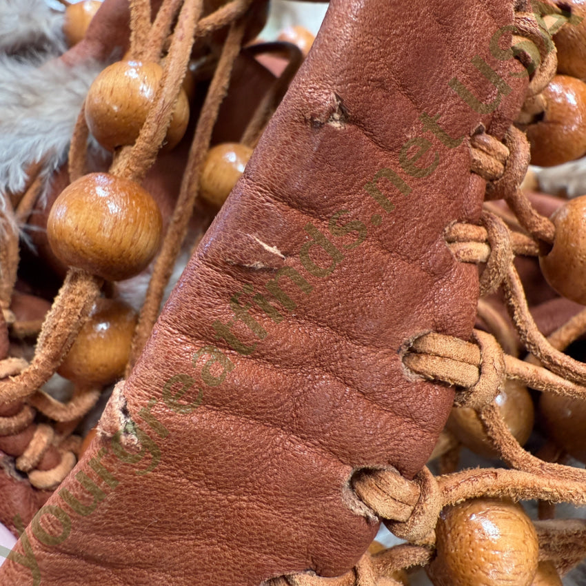 Brown Leather Halter Top Wooden Beads & Feathers Sunburst Originals halter top