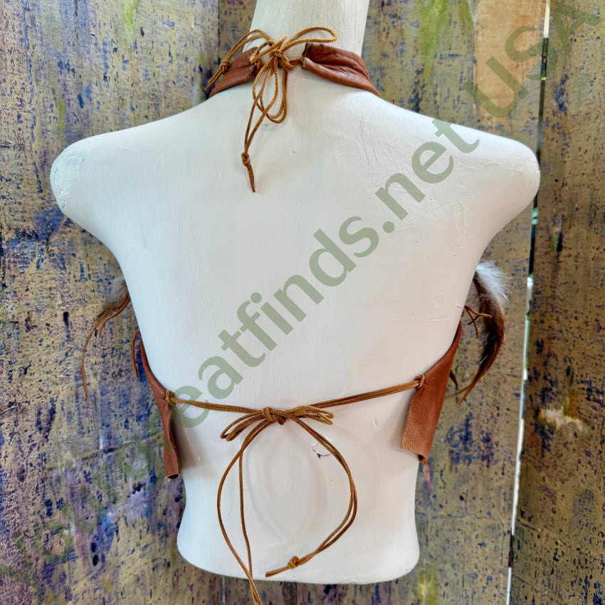 Brown Leather Halter Top Wooden Beads & Feathers Sunburst Originals halter top