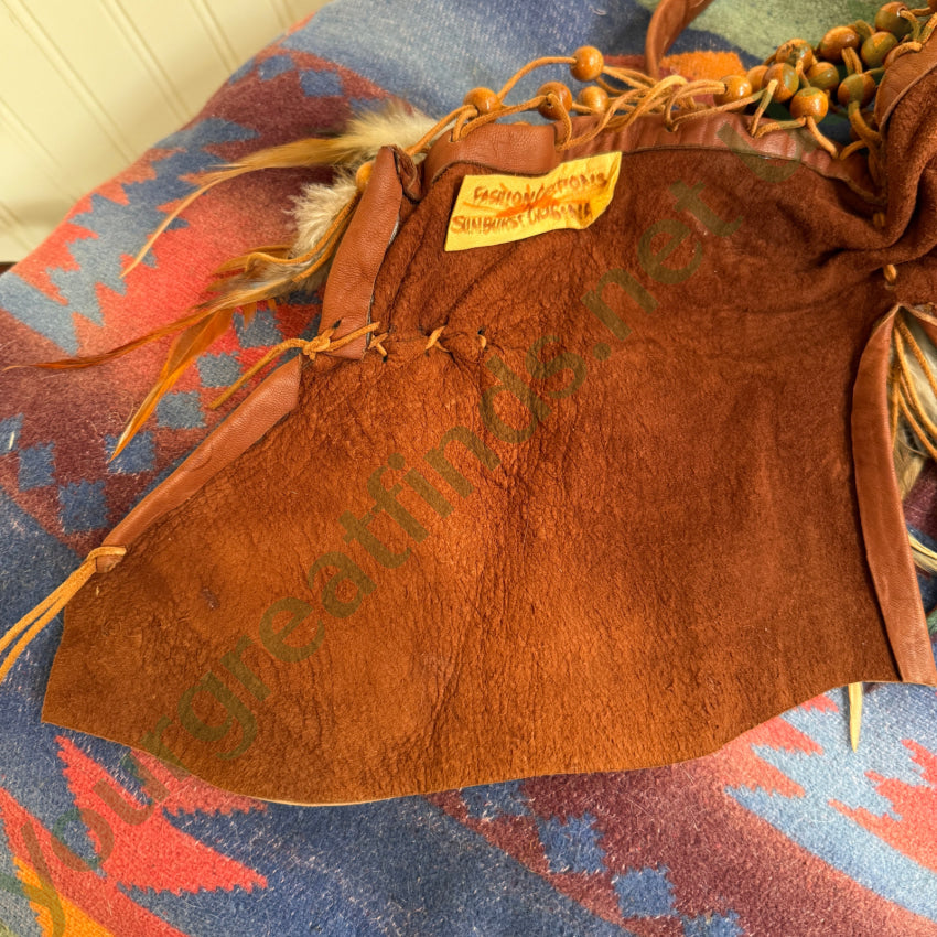 Brown Leather Halter Top Wooden Beads & Feathers Sunburst Originals halter top