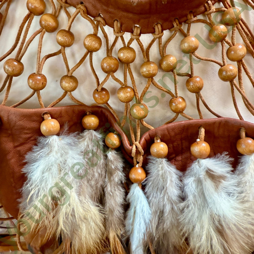 Brown Leather Halter Top Wooden Beads & Feathers Sunburst Originals halter top