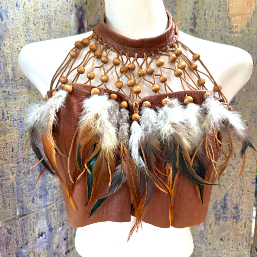 Brown Leather Halter Top Wooden Beads & Feathers Sunburst Originals halter top