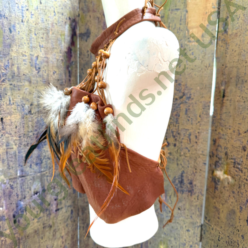 Brown Leather Halter Top Wooden Beads & Feathers Sunburst Originals halter top
