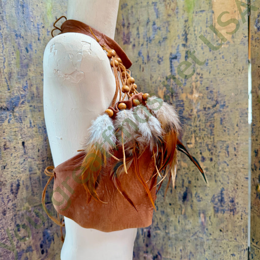 Brown Leather Halter Top Wooden Beads & Feathers Sunburst Originals halter top