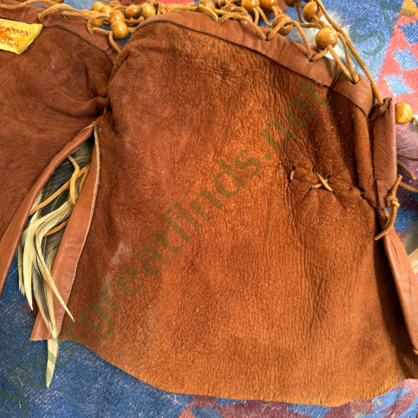 Brown Leather Halter Top Wooden Beads & Feathers Sunburst Originals halter top