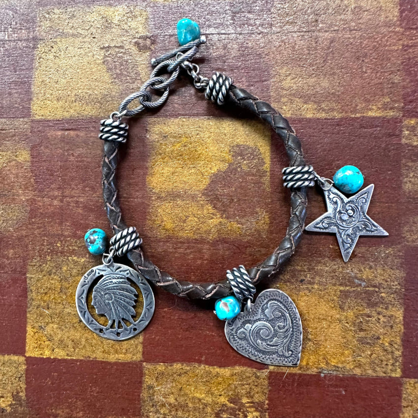 Brown Leather Sterling Silver & Turquoise Charm Bracelet Carolyn Pollack Relios Bracelet