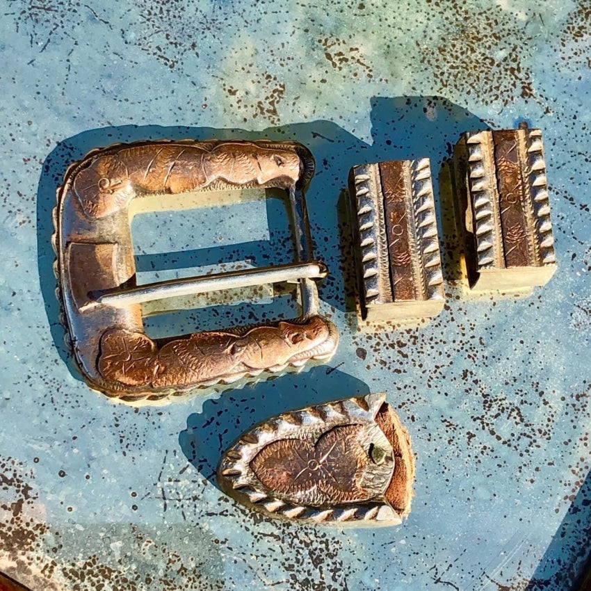 C. 1940 Mexican Ranger Buckle 4 Pc Set Sterling Rose Gold Yourgreatfinds